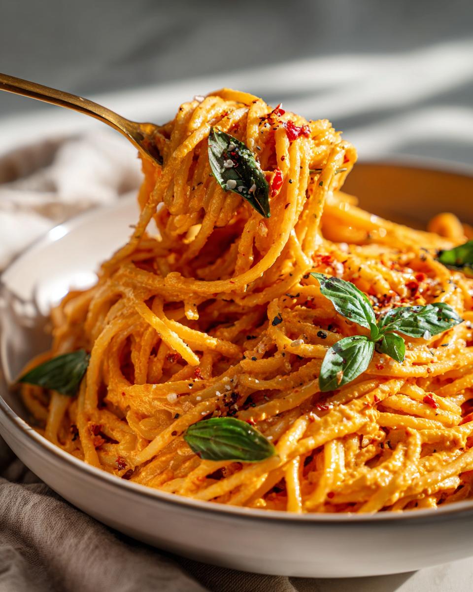 A fork twirls a generous portion of Spicy Roasted Red Pepper Pasta, garnished with fresh basil leaves and chili flakes.