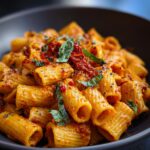 Close-up of a bowl of Spicy Roasted Red Pepper Pasta, featuring rigatoni noodles coated in a creamy red sauce, topped with sun-dried tomatoes and fresh basil.