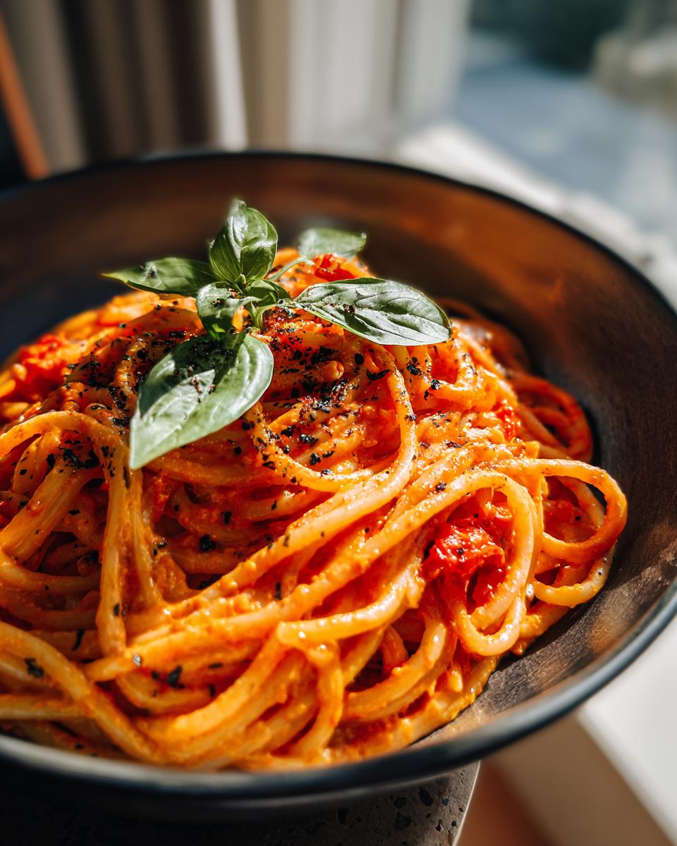 Close-up of a bowl of Spicy Roasted Red Pepper Pasta, garnished with fresh basil leaves.