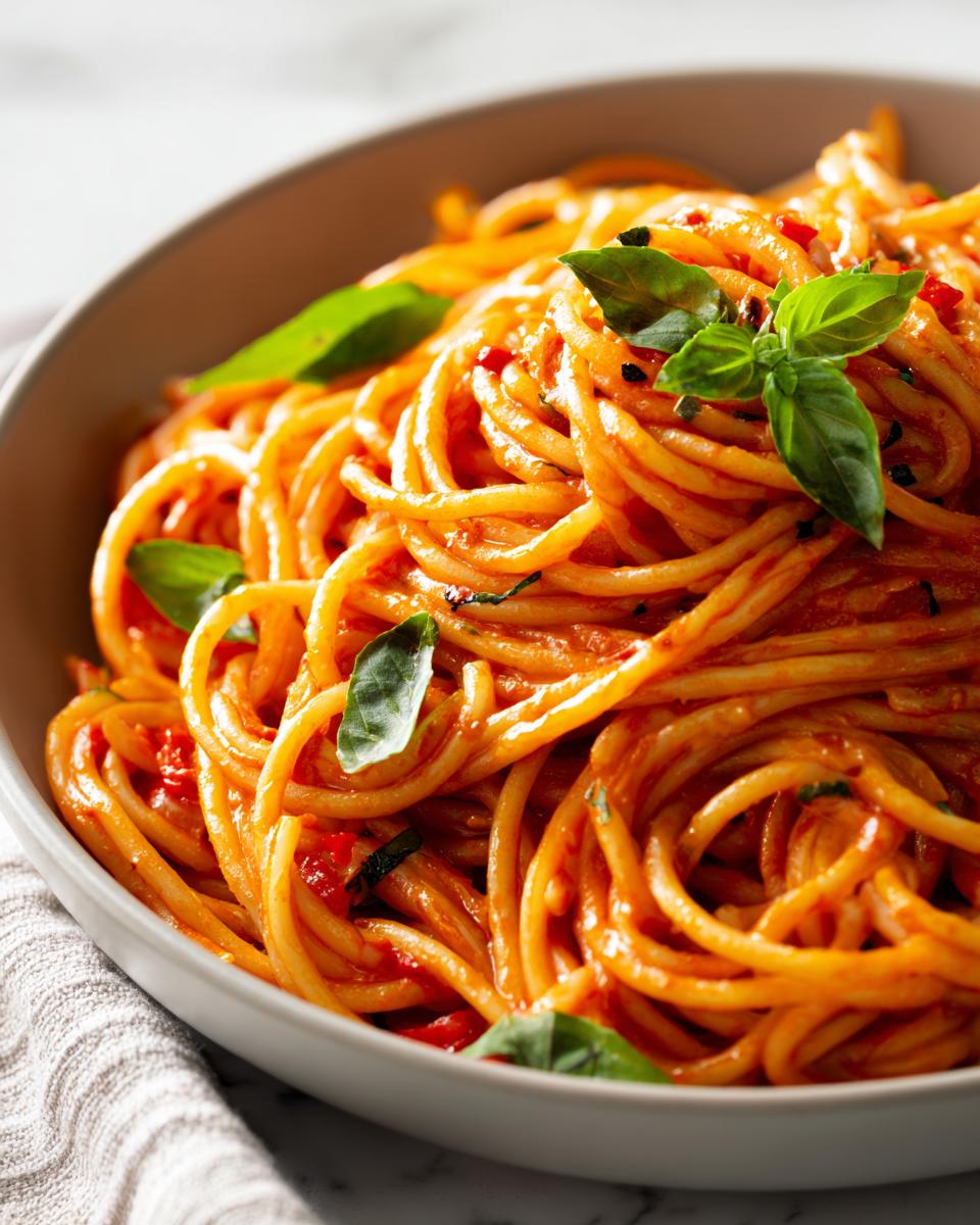 Close-up of a bowl of Spicy Roasted Red Pepper Pasta, garnished with fresh basil leaves.
