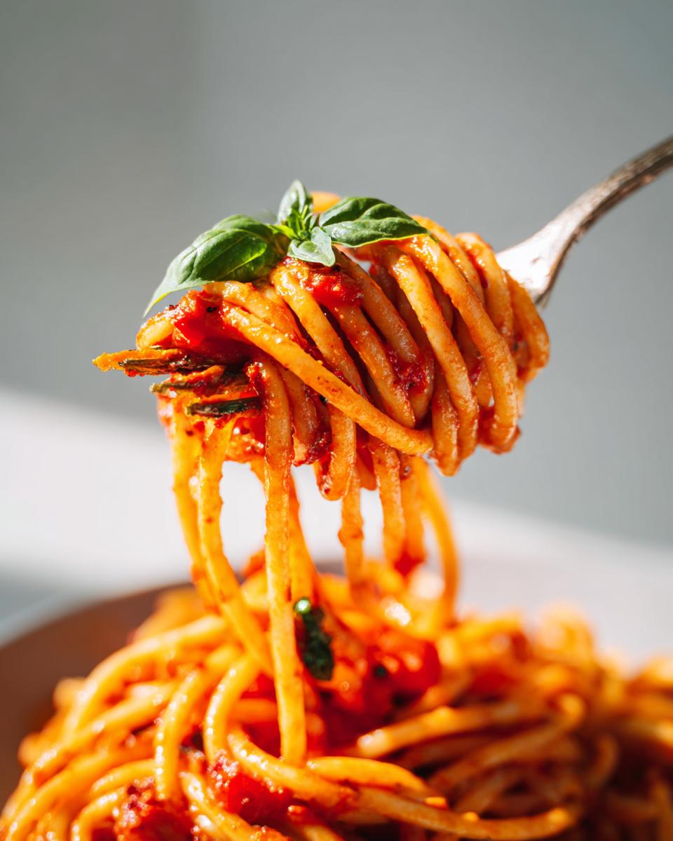 A fork twirls a generous portion of Spicy Roasted Red Pepper Pasta, garnished with fresh basil leaves.