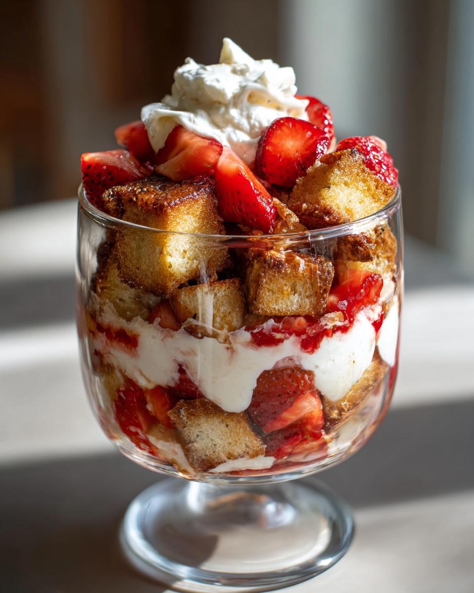 A close-up of a Strawberry French Toast Trifle in a glass, layered with toast cubes, fresh strawberries, cream, and topped with whipped cream.