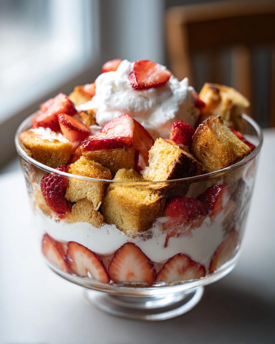 A close-up of a Strawberry French Toast Trifle in a glass bowl, layered with sliced strawberries, creamy filling, and toasted bread cubes, topped with whipped cream and fresh strawberries.