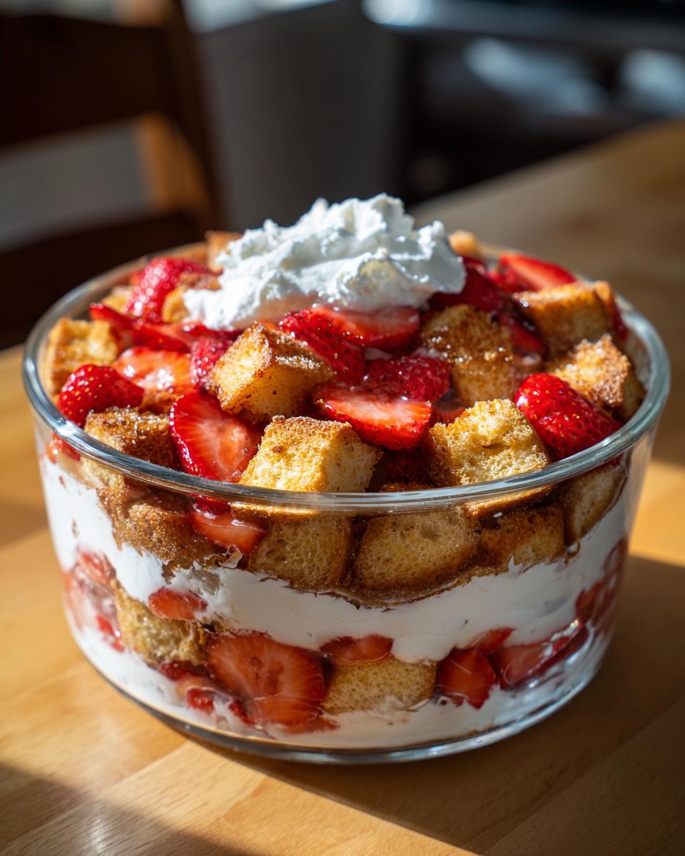 A clear glass bowl filled with layers of Strawberry French Toast Trifle, topped with fresh strawberries and whipped cream.