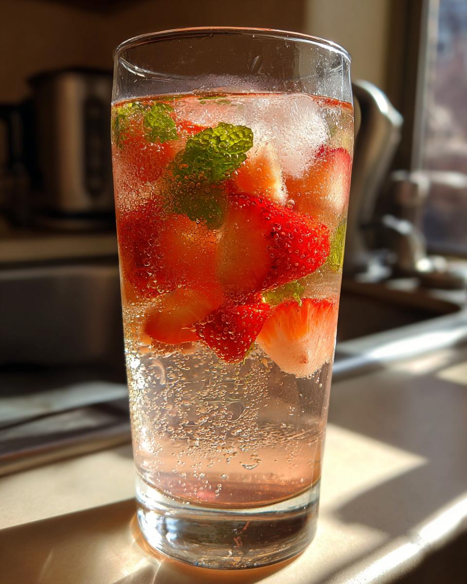 Close-up of a tall glass filled with effervescent Strawberry Grapefruit Mint Spring Sodas, featuring sliced strawberries and mint leaves.