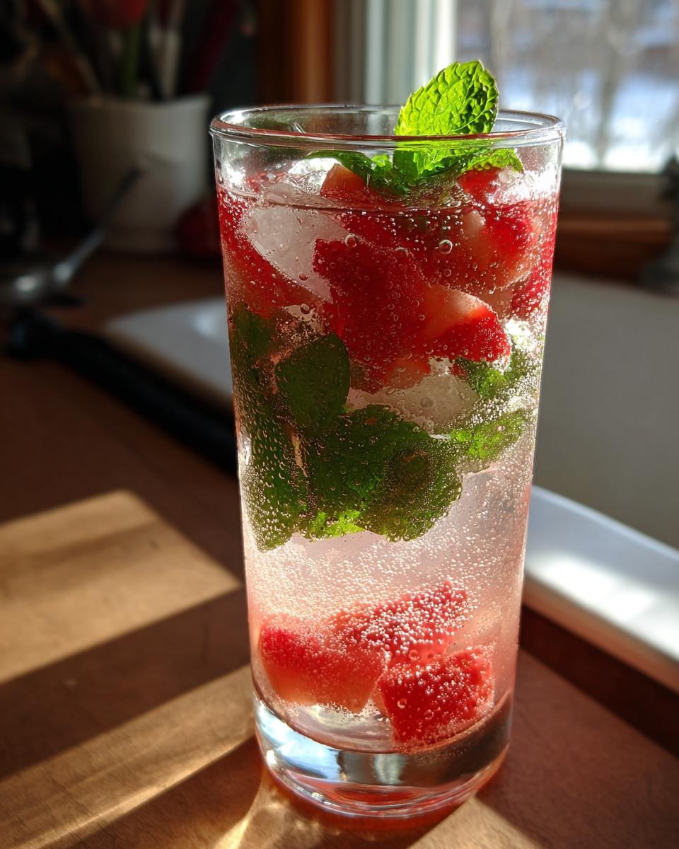 Close-up of a tall glass filled with bubbly Strawberry Grapefruit Mint Spring Sodas, ice, sliced strawberries, and mint leaves.