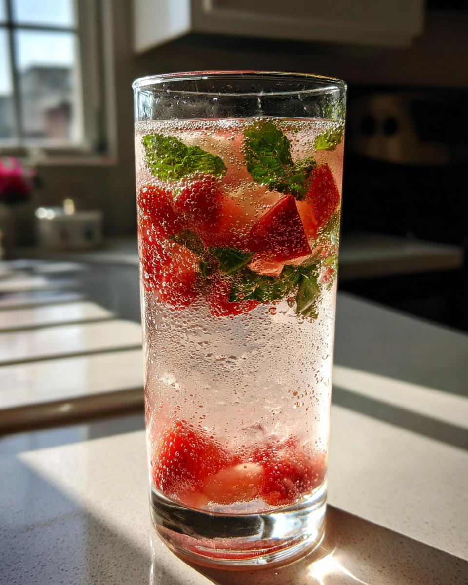 Close-up of a tall glass filled with Strawberry Grapefruit Mint Spring Sodas, showing fizz, sliced strawberries, and mint leaves.