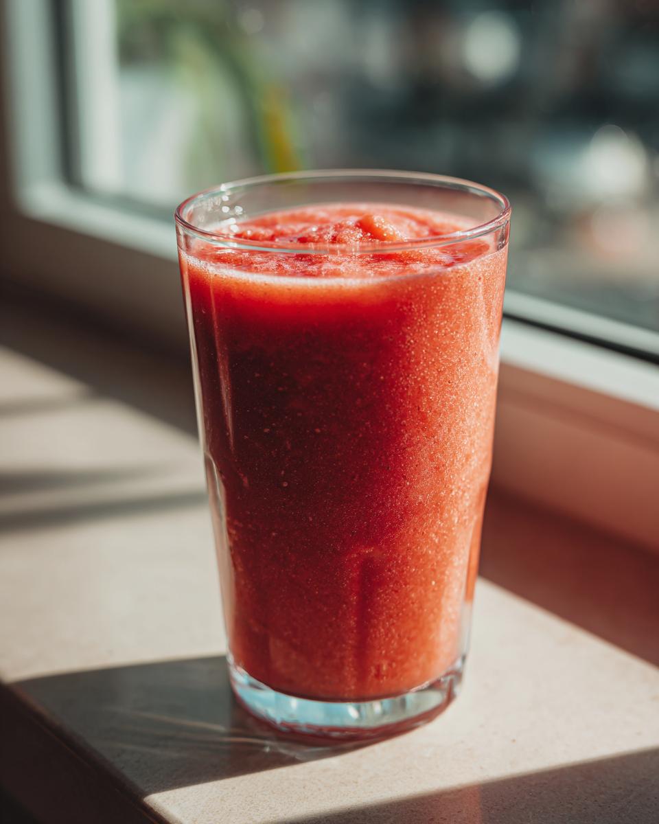 A tall glass filled with a vibrant red Strawberry Mango Papaya Smoothie, catching the sunlight.