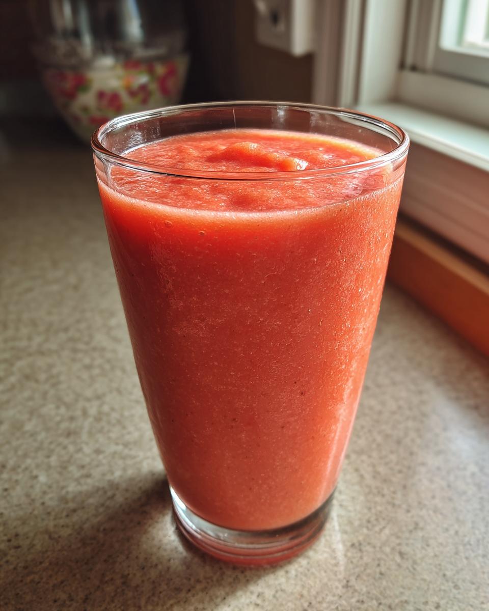 A tall glass filled with a vibrant pink Strawberry Mango Papaya Smoothie, ready to be enjoyed.