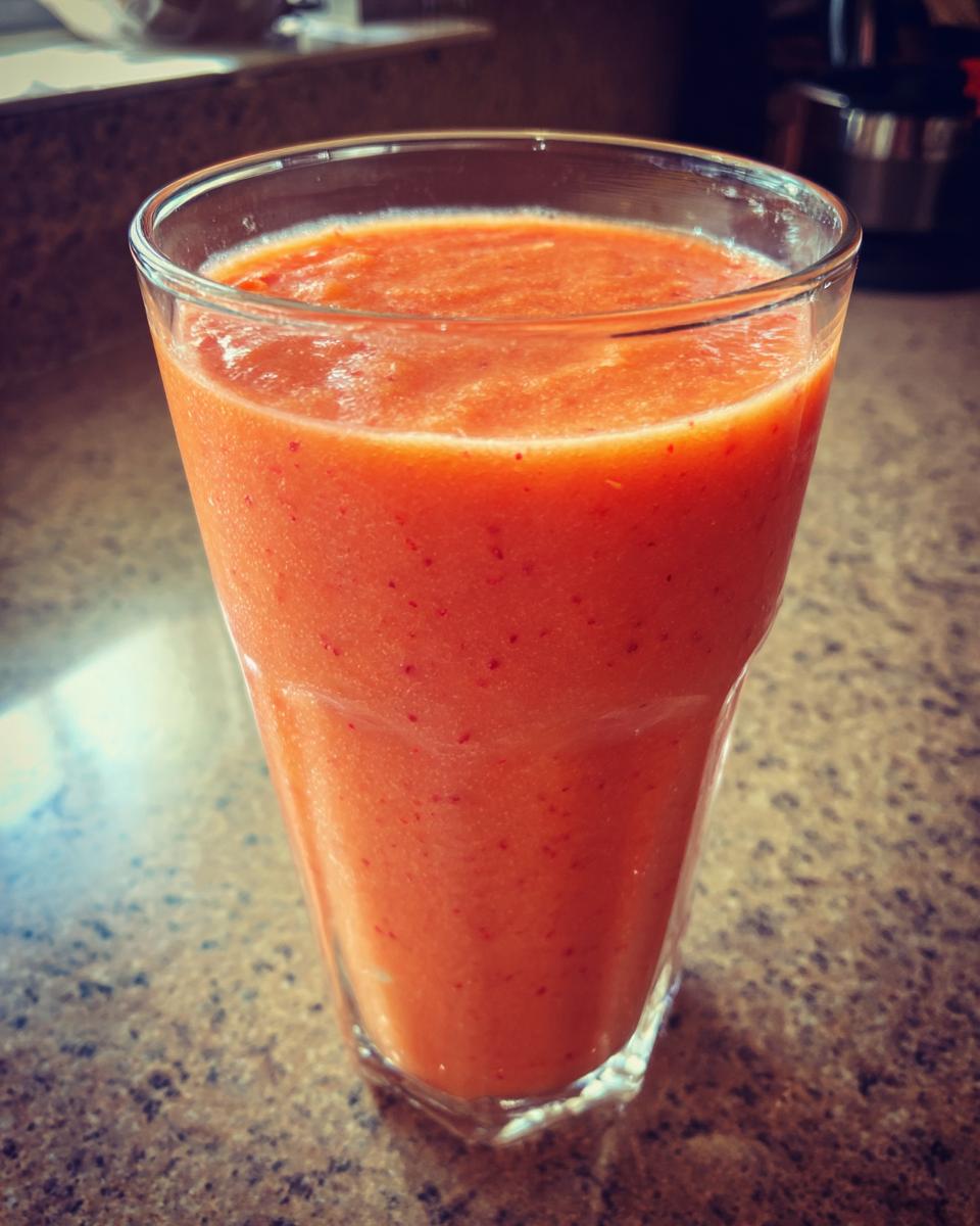 A tall glass filled with a vibrant orange Strawberry Mango Papaya Smoothie, showing its smooth texture and speckled seeds.