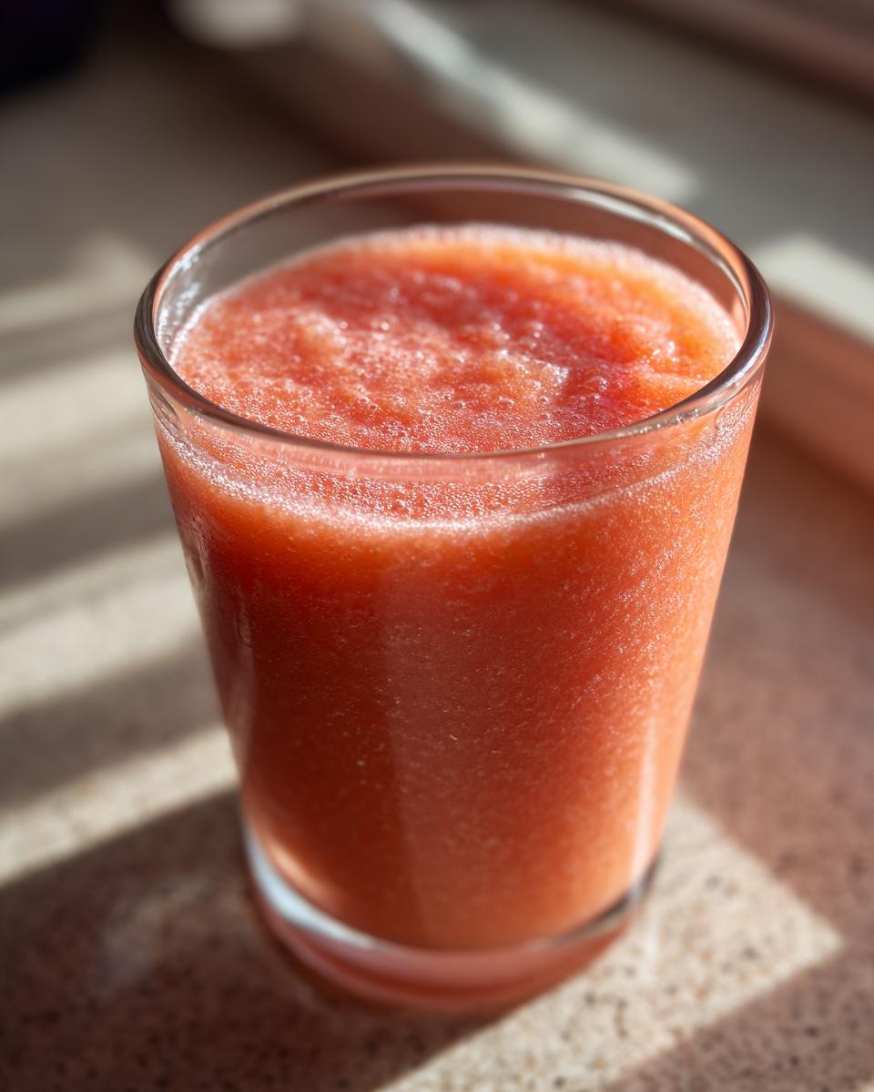 A close-up of a glass filled with a vibrant pink Strawberry Mango Papaya Smoothie, with sunlight casting shadows.