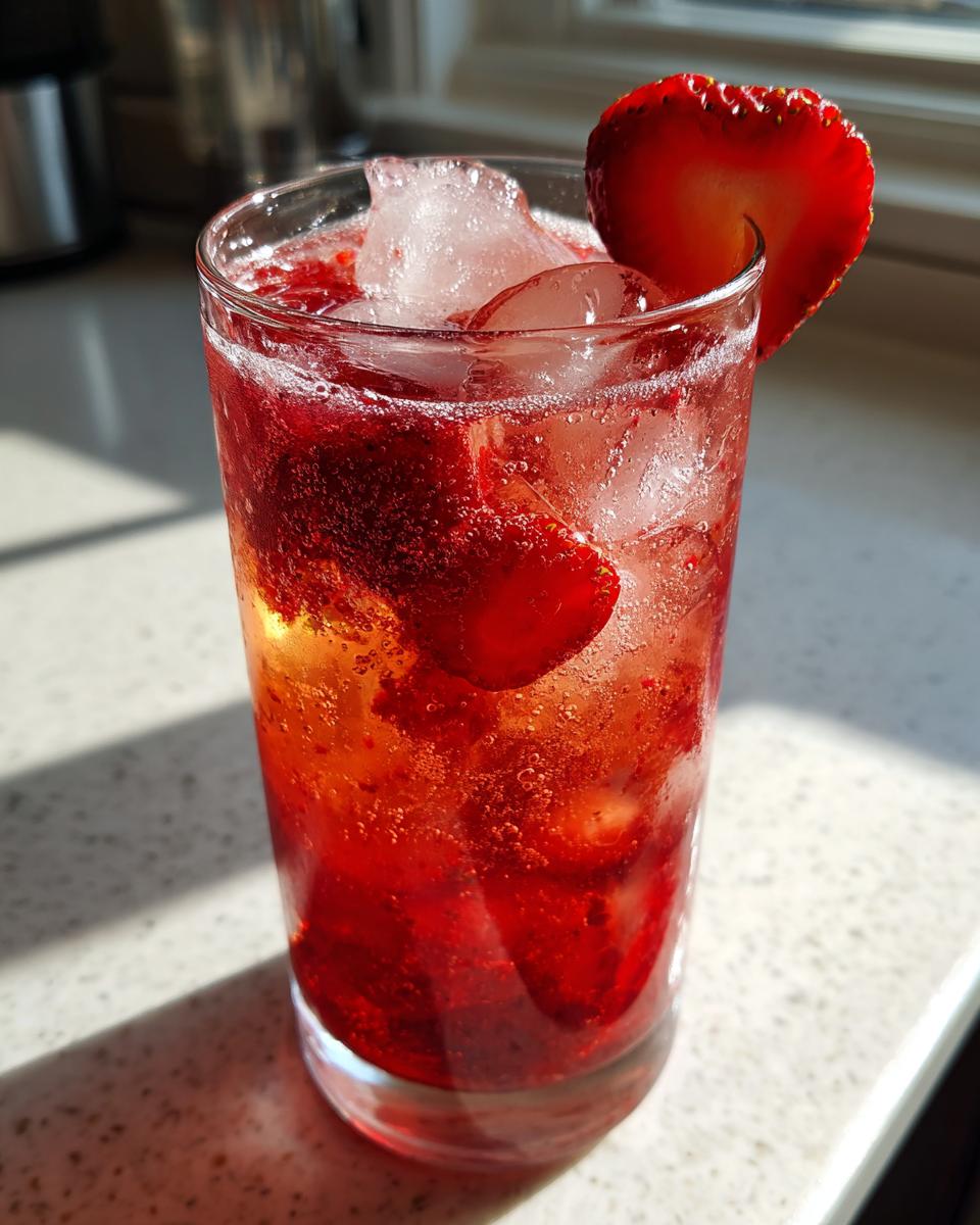 A tall glass filled with a vibrant red Strawberry Pomegranate Mocktail, ice cubes, and fresh strawberry slices.