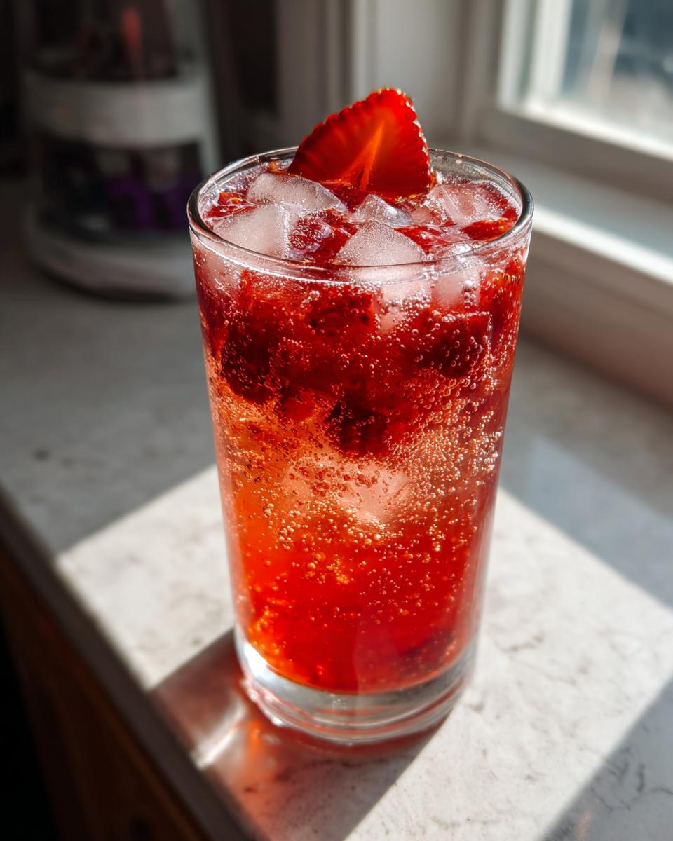 A tall glass filled with a vibrant red Strawberry Pomegranate Mocktail, ice cubes, and garnished with a strawberry slice.