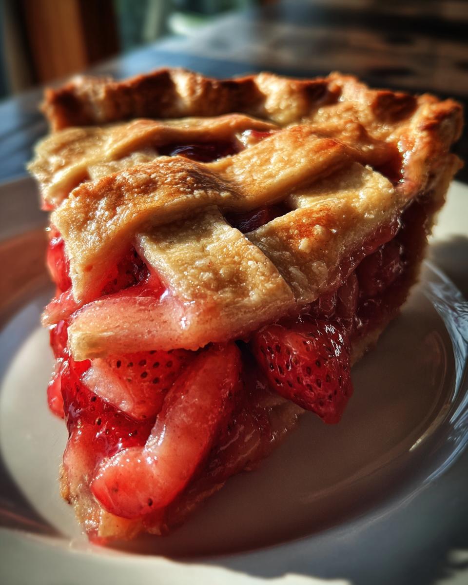 A close-up of a slice of Irresistible Strawberry Rhubarb Pie, showcasing fresh strawberries and a golden lattice crust.