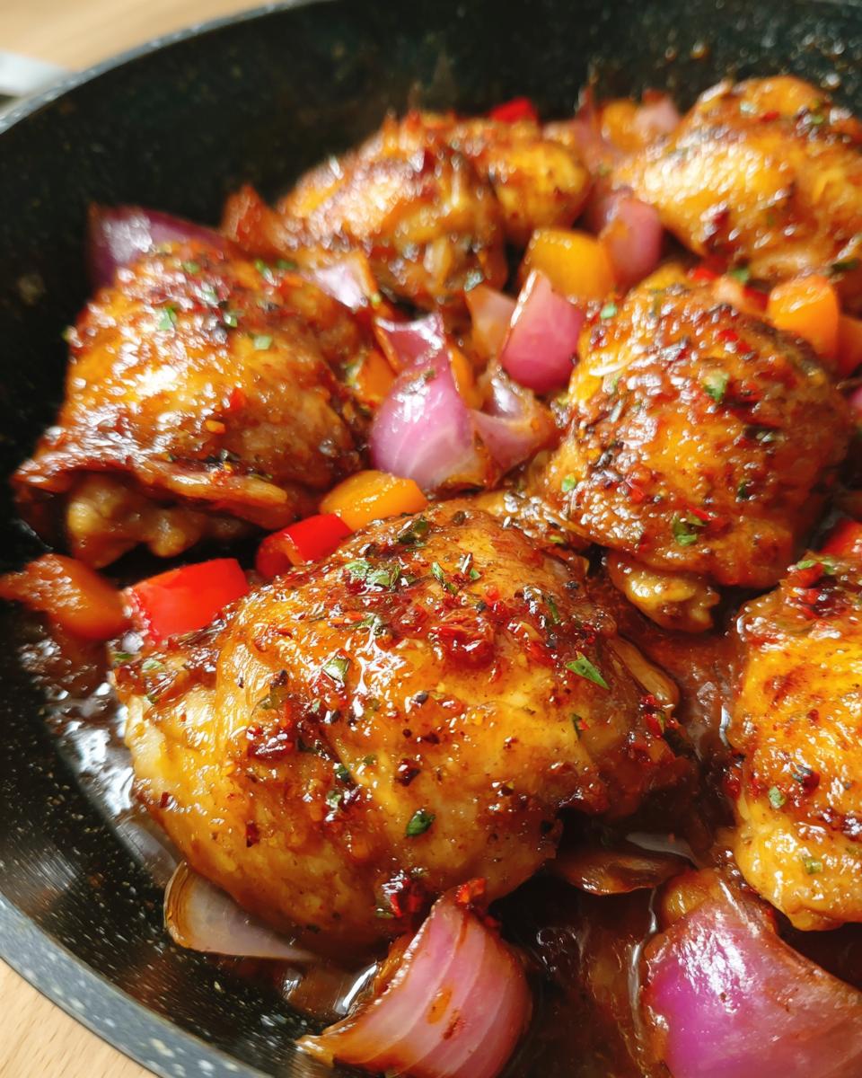 Close-up of Sweet Savory Peach Chicken Recipe cooked with red onions and bell peppers in a glossy sauce.