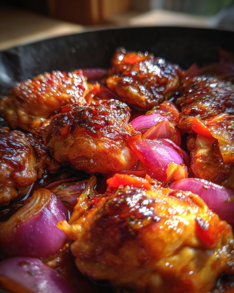 Close-up of glistening Sweet Savory Peach Chicken pieces nestled amongst vibrant red onion wedges in a skillet.