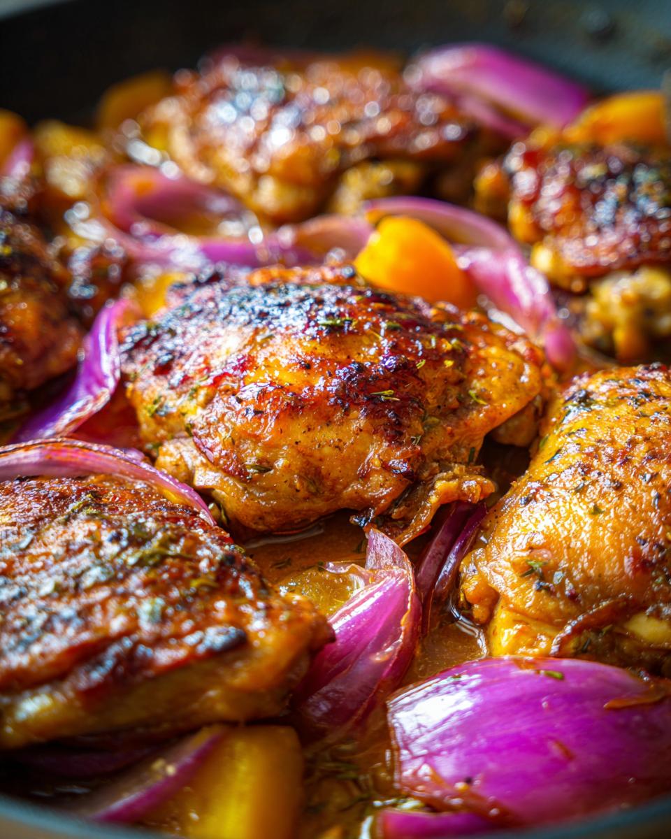 Close-up of Sweet Savory Peach Chicken recipe with tender chicken thighs, caramelized red onions, and peaches in a glossy sauce.