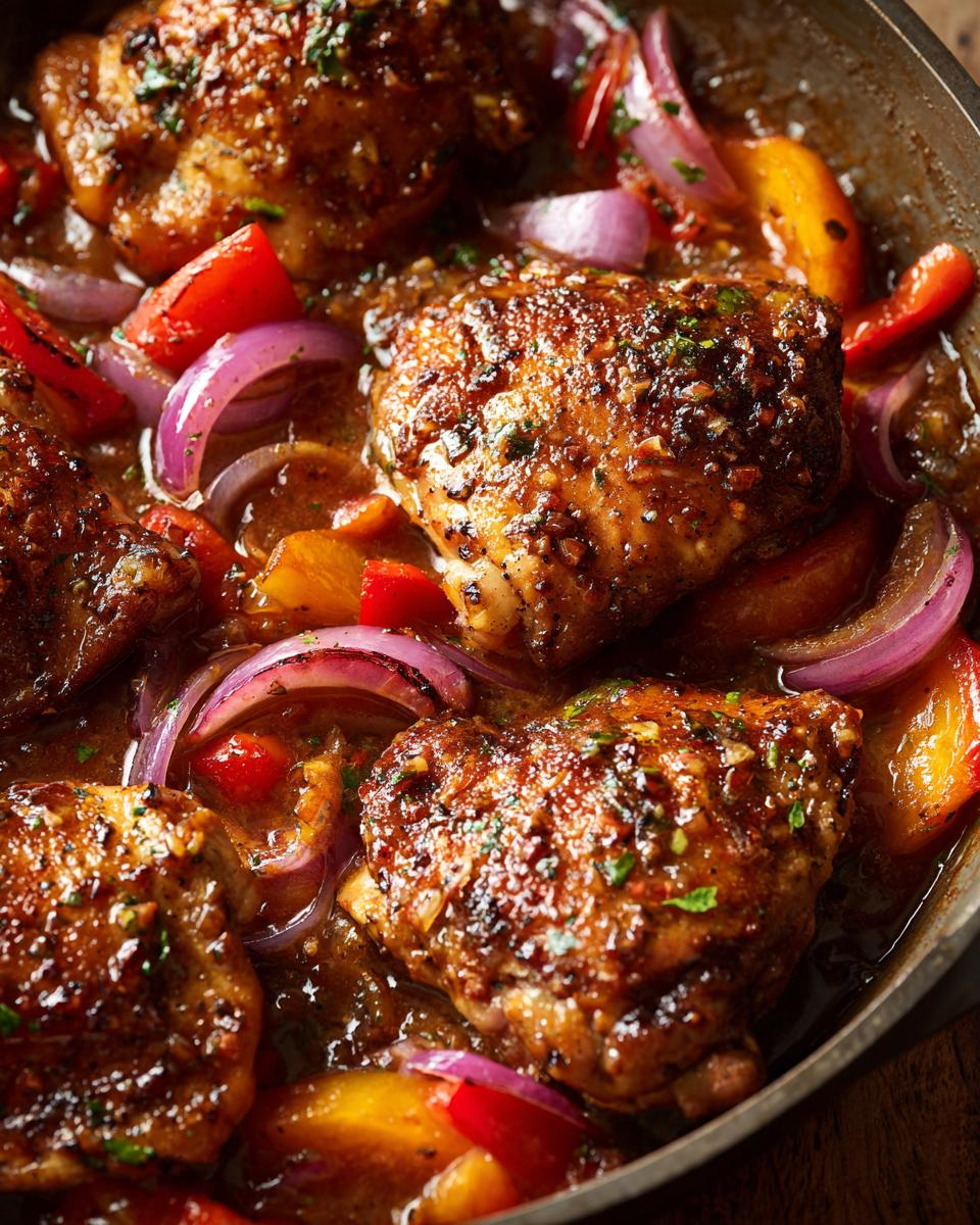 Close-up of juicy chicken thighs cooked in a sweet and savory peach sauce with red onions and bell peppers.