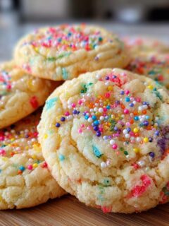 A close-up of a pile of thick chewy funfetti cookies, generously topped with colorful sprinkles.
