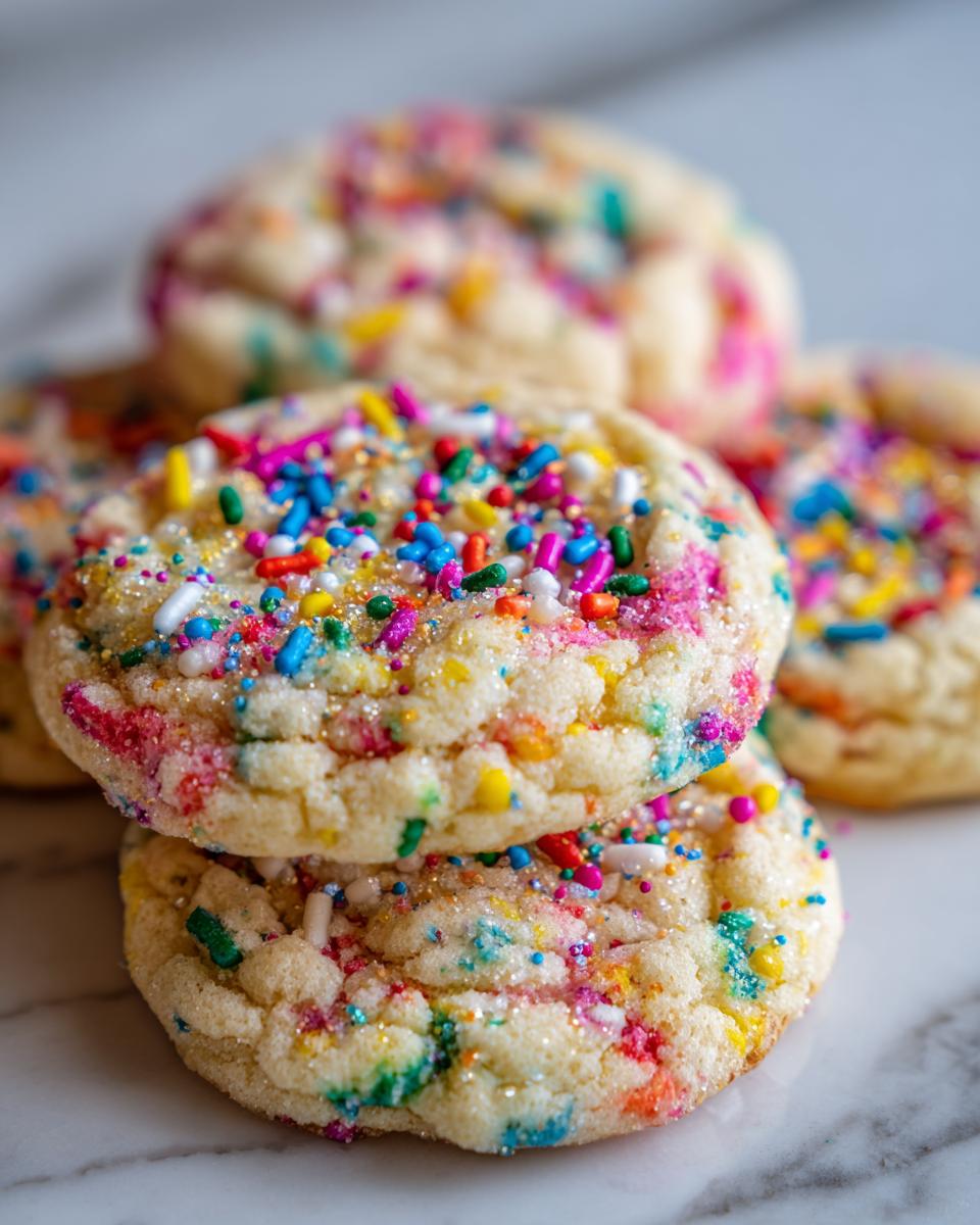 Close-up of a stack of Thick Chewy Funfetti Cookies, generously topped with colorful sprinkles and sparkling sugar.