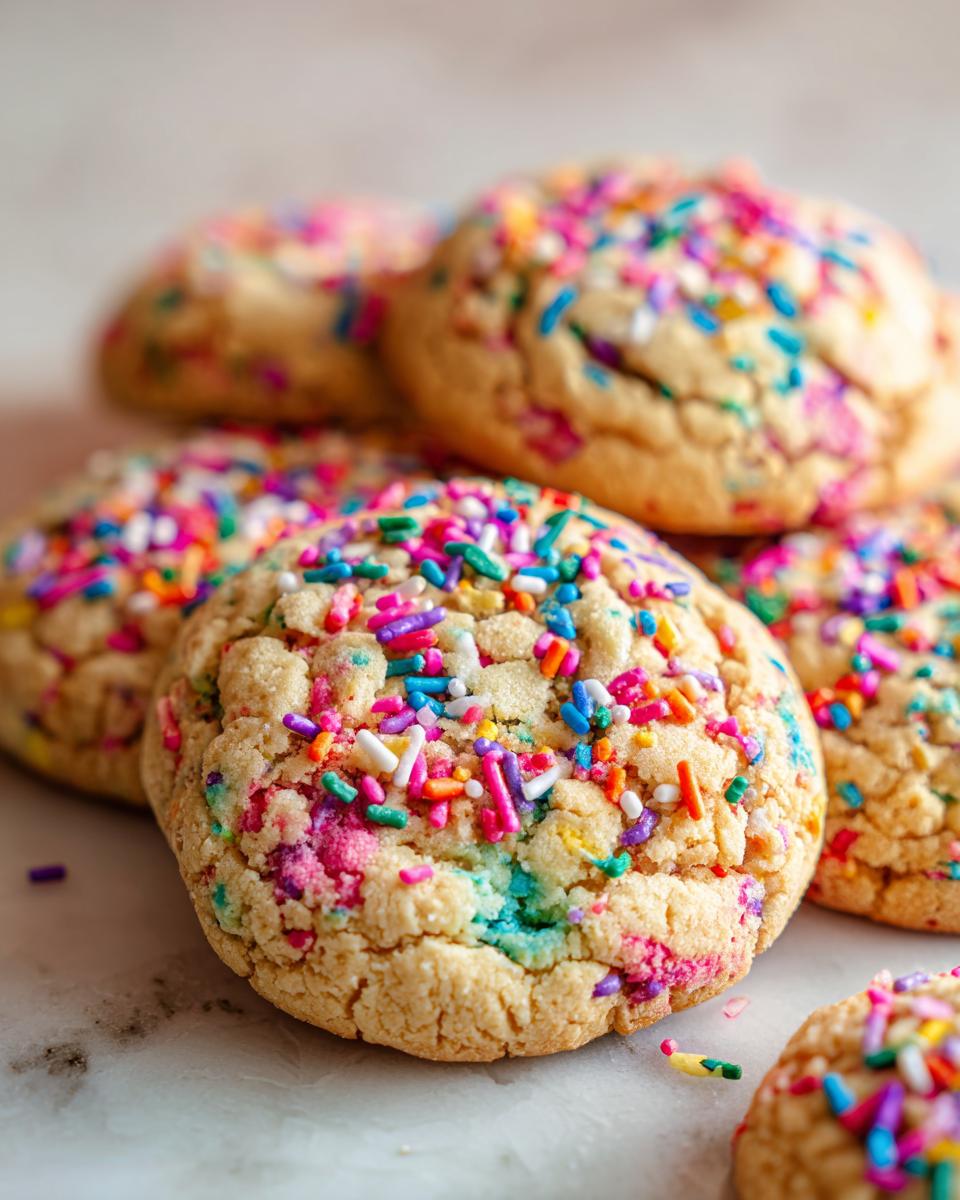 A close-up of several Thick Chewy Funfetti Cookies, generously topped with vibrant rainbow sprinkles.