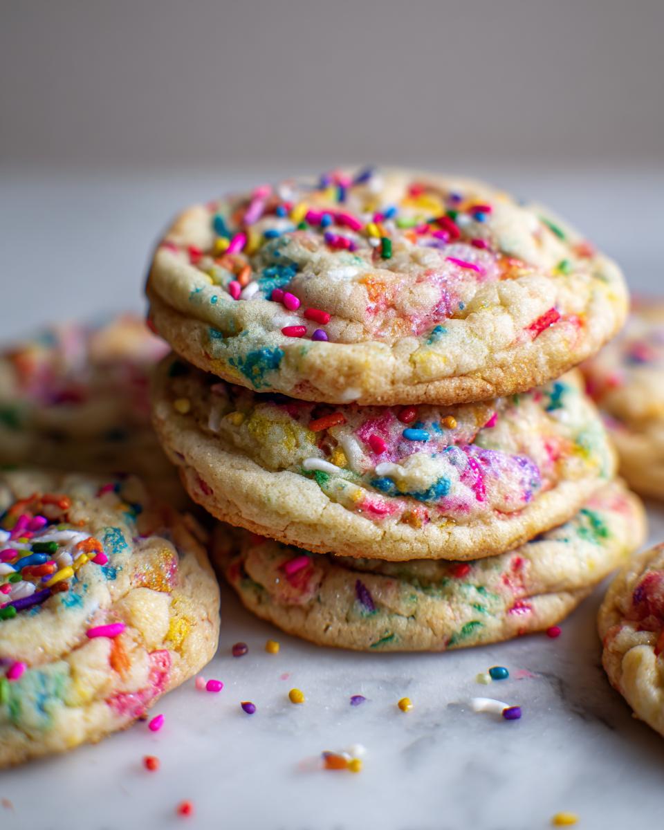 A stack of Thick Chewy Funfetti Cookies loaded with colorful sprinkles.