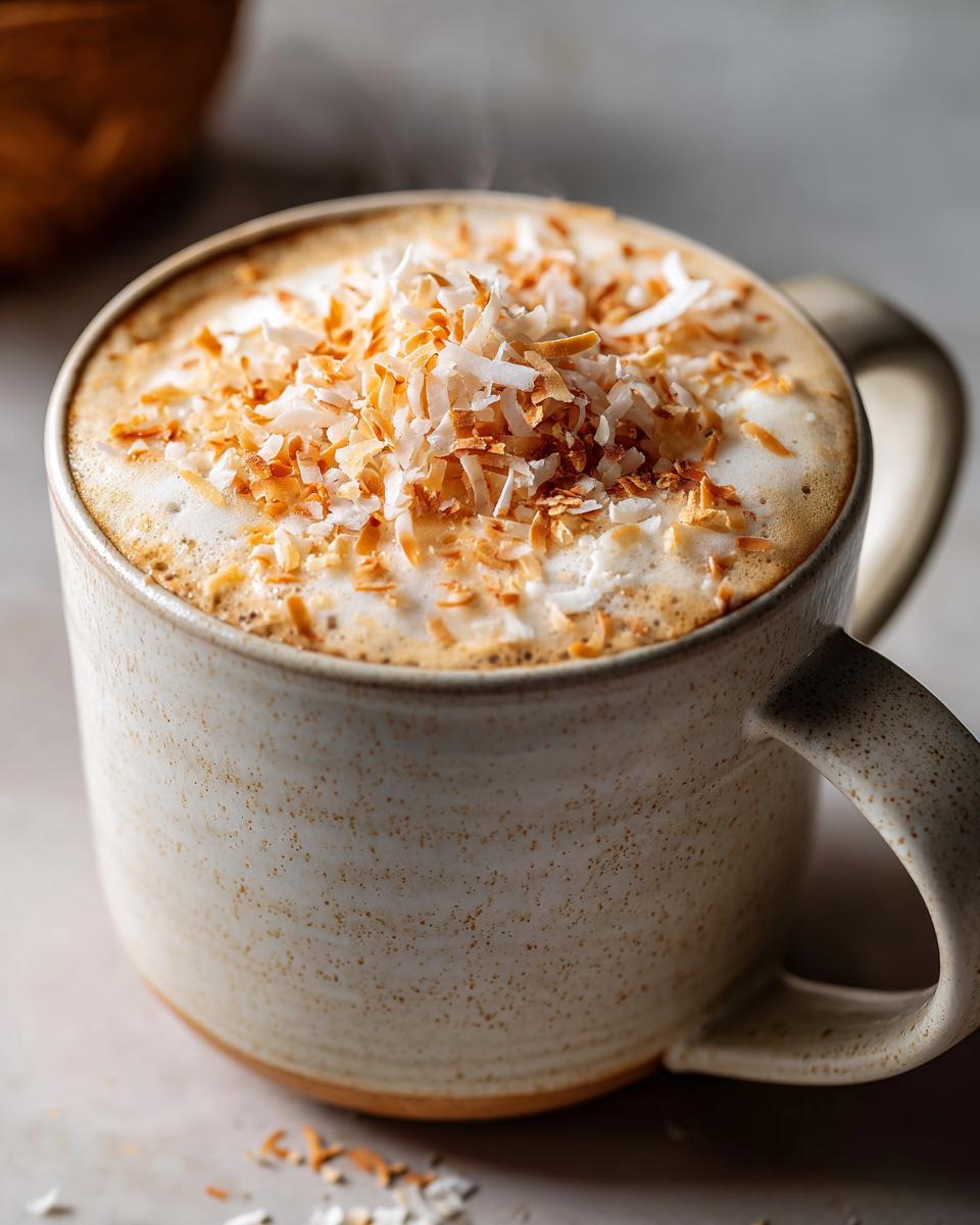 A steaming mug of Toasted Coconut Honey Latte topped with frothy milk and toasted coconut flakes.