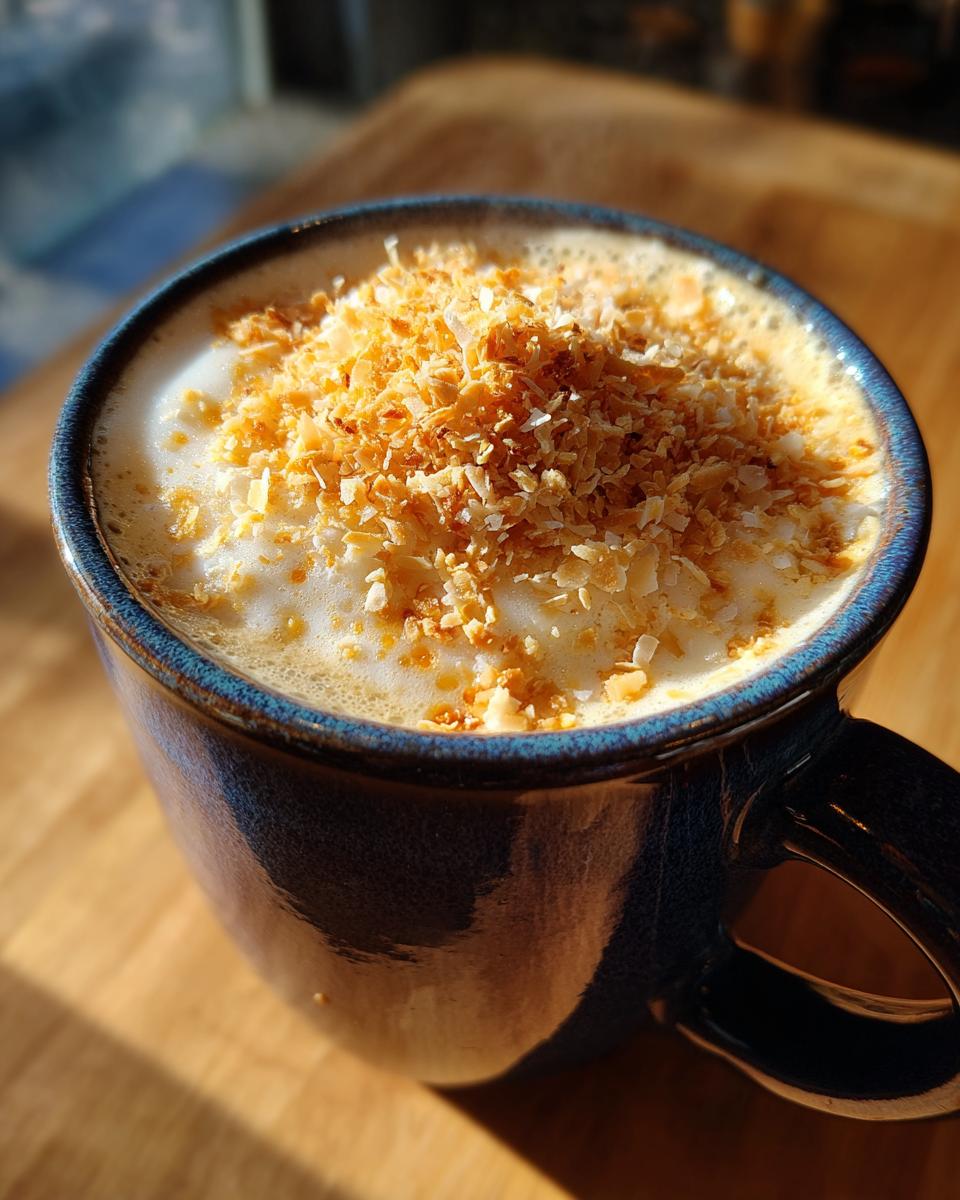 A close-up of a Toasted Coconut Honey Latte in a blue mug, topped with frothy milk and toasted coconut flakes.