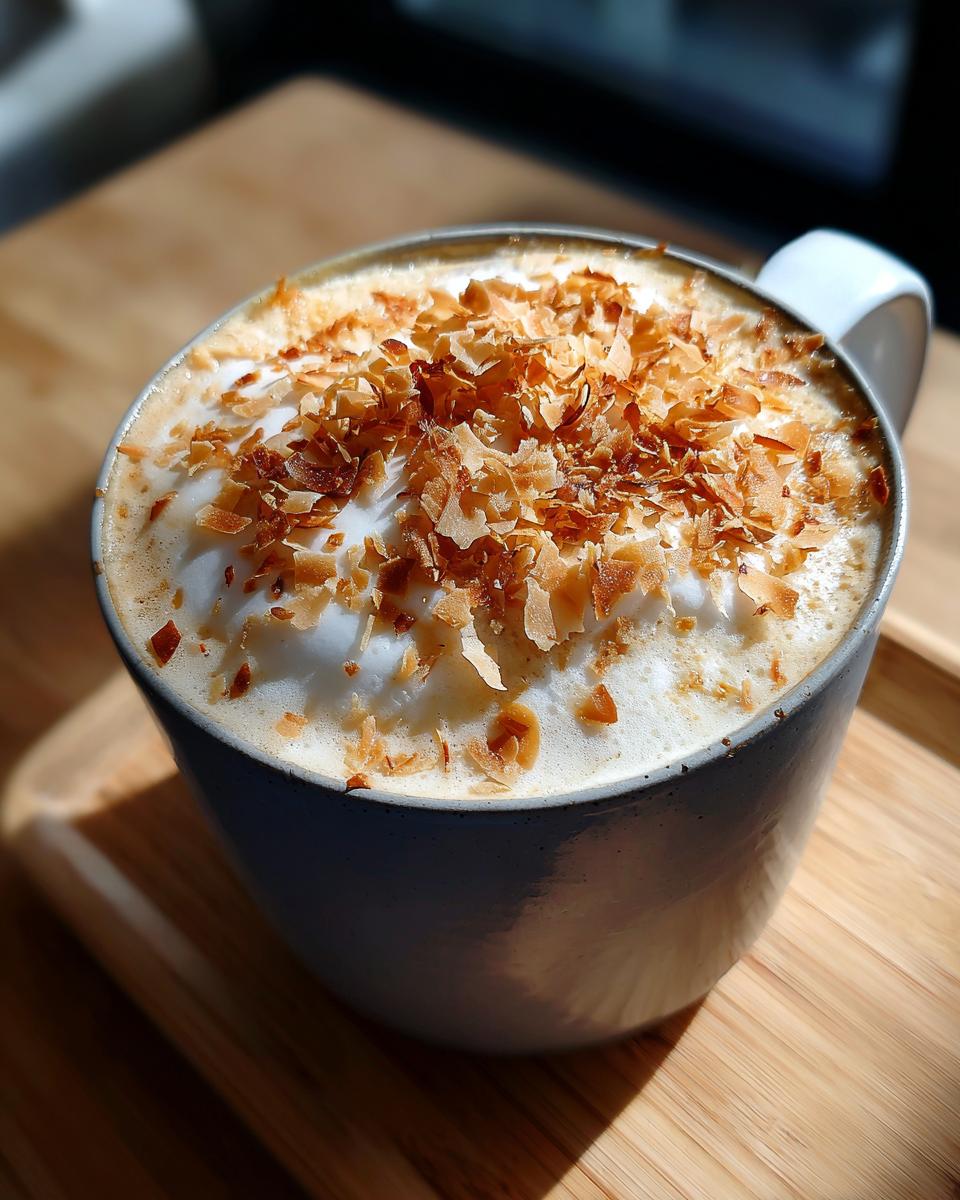 A close-up of a Toasted Coconut Honey Latte topped with frothy milk and toasted coconut flakes.