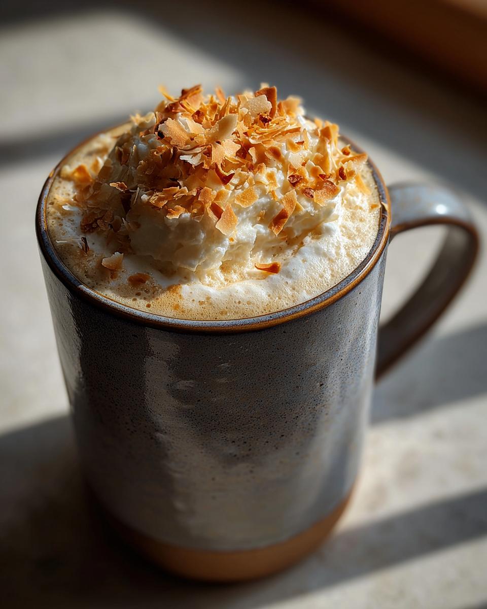 A close-up of a Toasted Coconut Honey Latte topped with whipped cream and toasted coconut flakes.