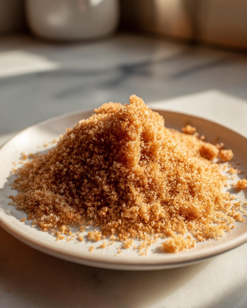 Close-up of a mound of golden brown Toasted Panko Bread Crumbs Seasoned on a small white plate.