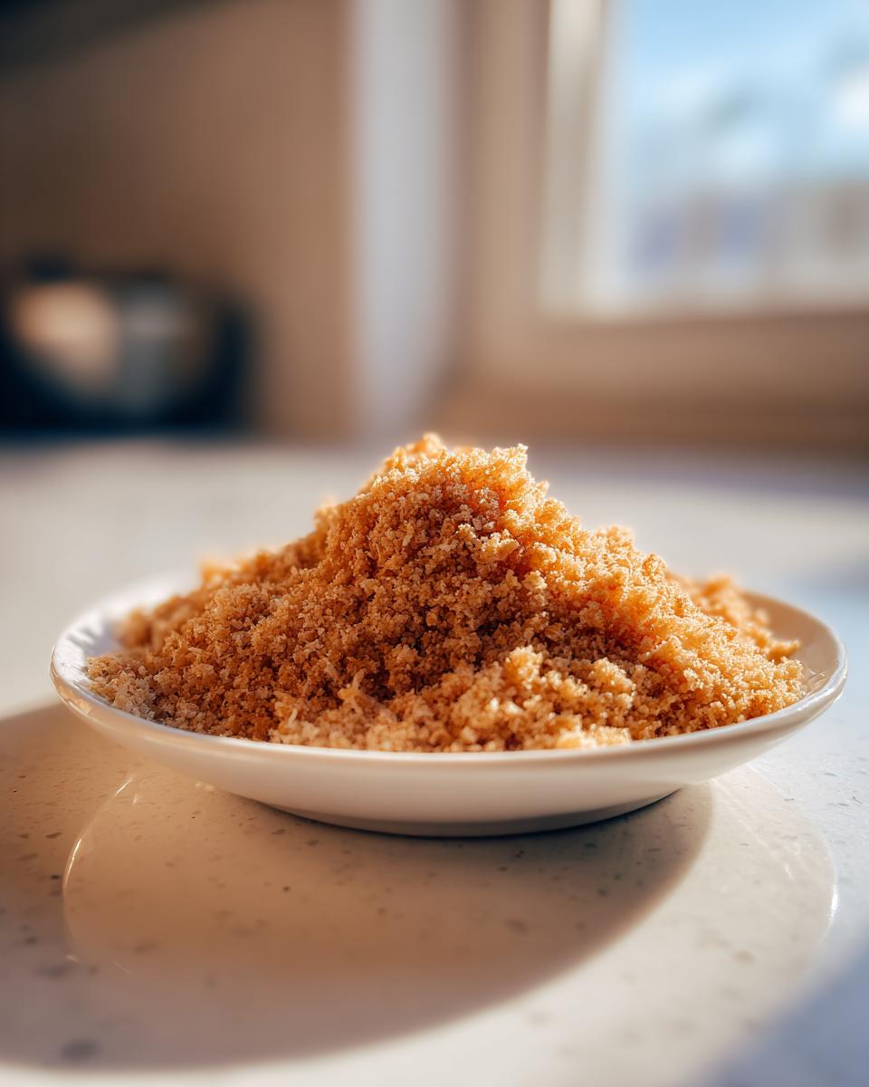 A small white plate piled high with golden brown Toasted Panko Bread Crumbs Seasoned, catching bright sunlight.