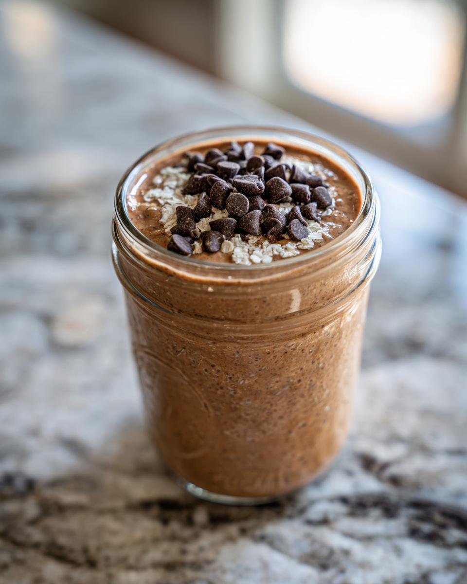 A close-up of Triple Chocolate Protein Overnight Oats in a mason jar, topped with chocolate chips and oats.