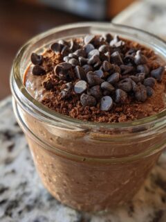 A close-up of Triple Chocolate Protein Overnight Oats in a glass jar, topped with chocolate chips and cocoa powder.
