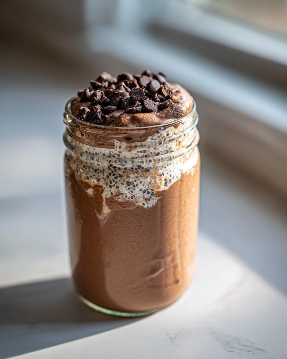 A jar filled with Triple Chocolate Protein Overnight Oats, topped with chocolate chips and a creamy layer.
