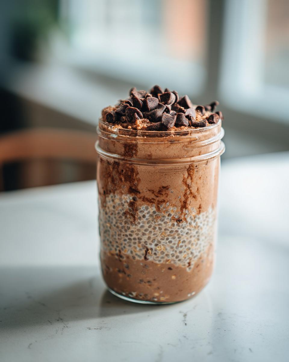 Close-up of Triple Chocolate Protein Overnight Oats in a mason jar, topped with chocolate chips.