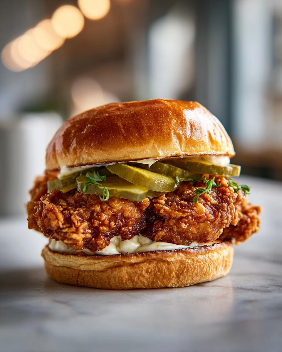 Close-up of an Ultimate Spicy Chicken Sandwich with crispy fried chicken, pickles, and sauce on a bun.