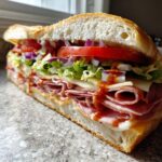 A cross-section of an Ultimate Subway Sandwich Recipe build, packed with meats, cheese, lettuce, tomato, and onion.