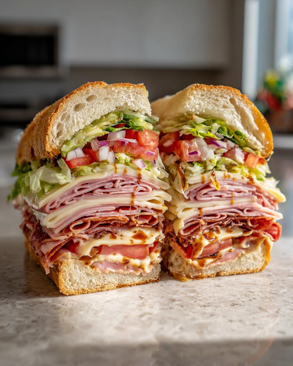 A tall, fully loaded Ultimate Subway Sandwich Recipe Build Your Dream Bite, cut in half, showcasing layers of meats, cheese, lettuce, tomato, and onion.