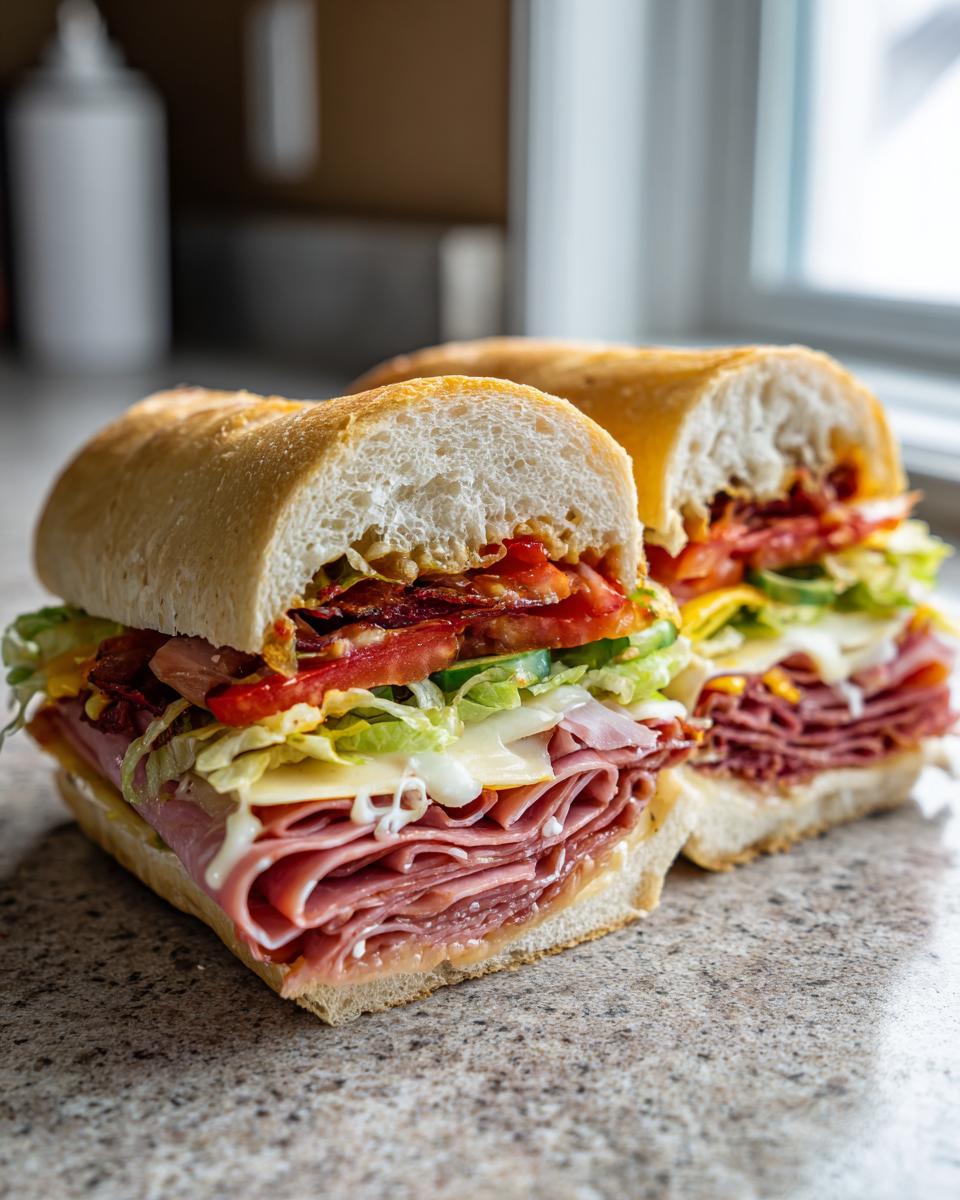 Two halves of an Ultimate Subway Sandwich Recipe Build Your Dream Bite, packed with meats, cheese, lettuce, tomato, and bacon.