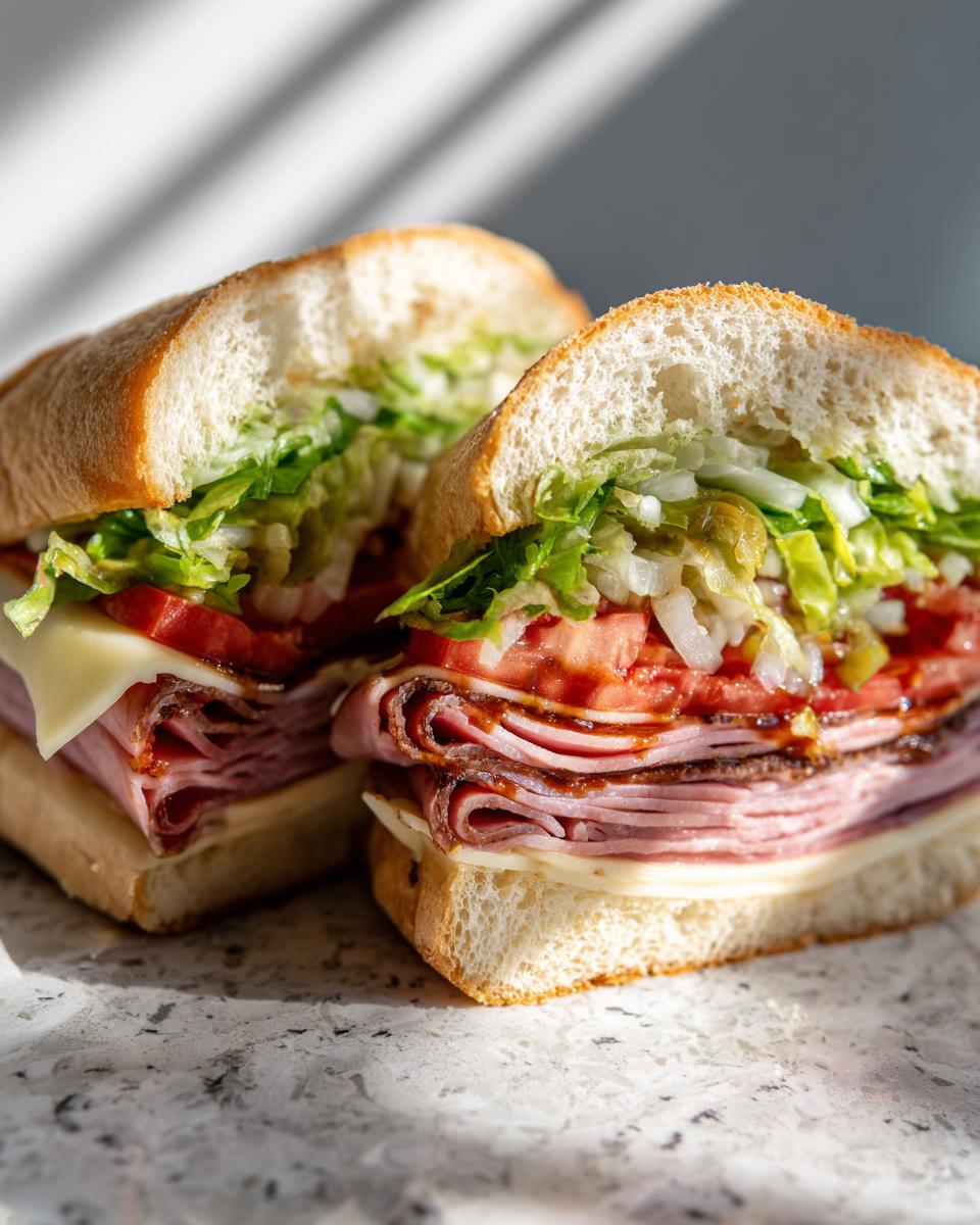 Close-up of a delicious Ultimate Subway Sandwich Recipe build your dream bite, loaded with ham, cheese, lettuce, tomatoes, and onions.