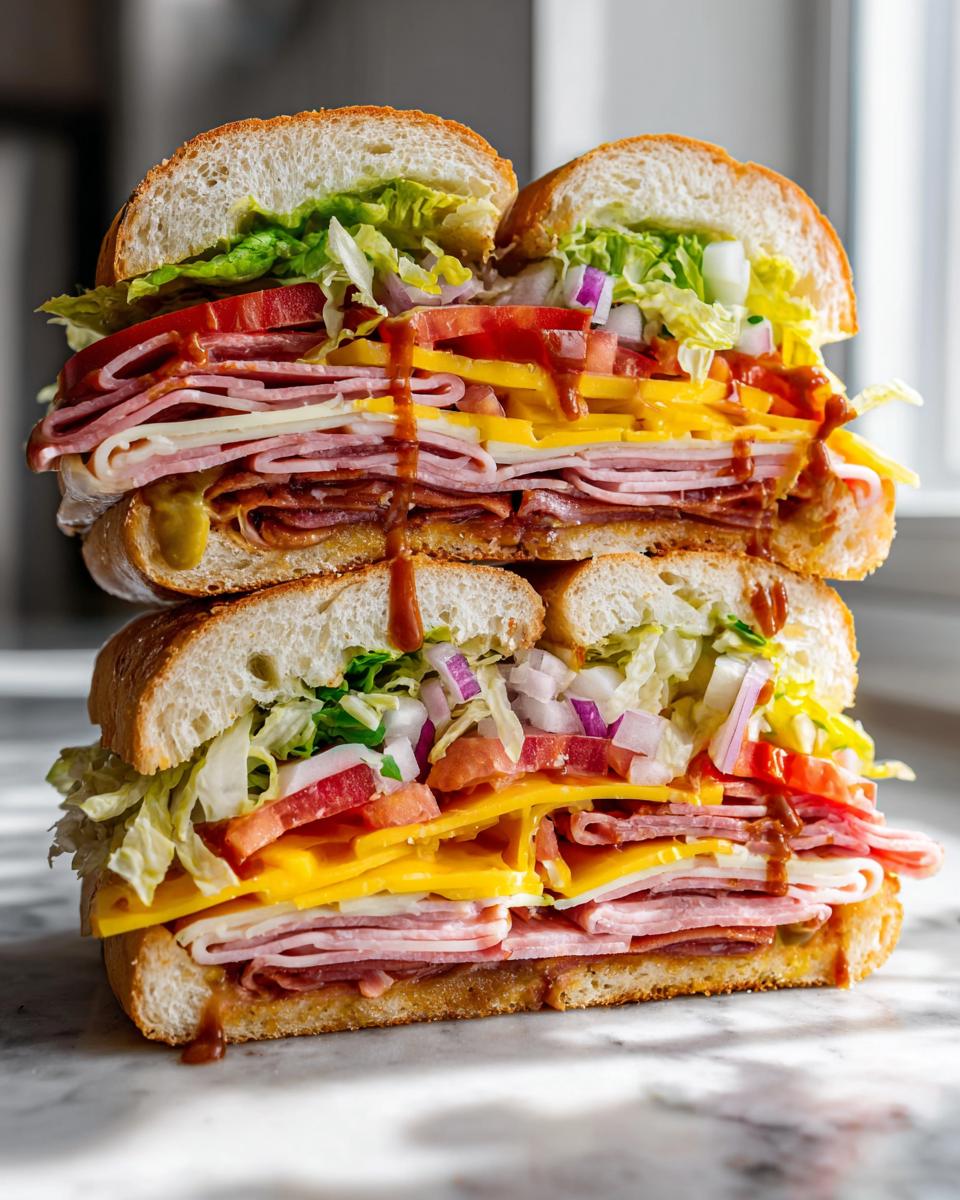 A tall, stacked Ultimate Subway Sandwich Recipe build with layers of deli meats, cheese, lettuce, tomato, and onion, drizzled with sauce.