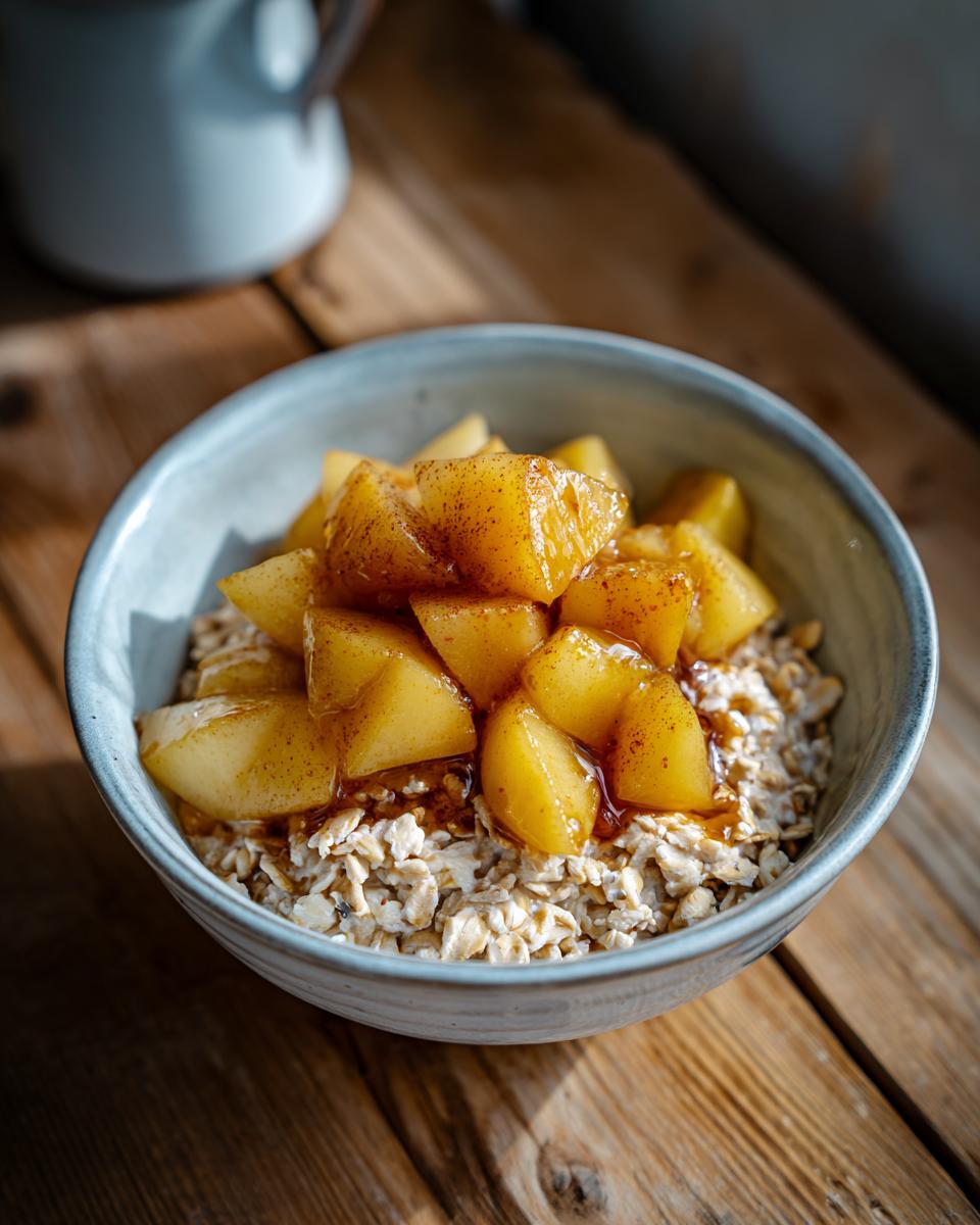 A bowl of Vanilla Overnight Oats topped with glistening Maple Spiced Pears and a sprinkle of cinnamon.