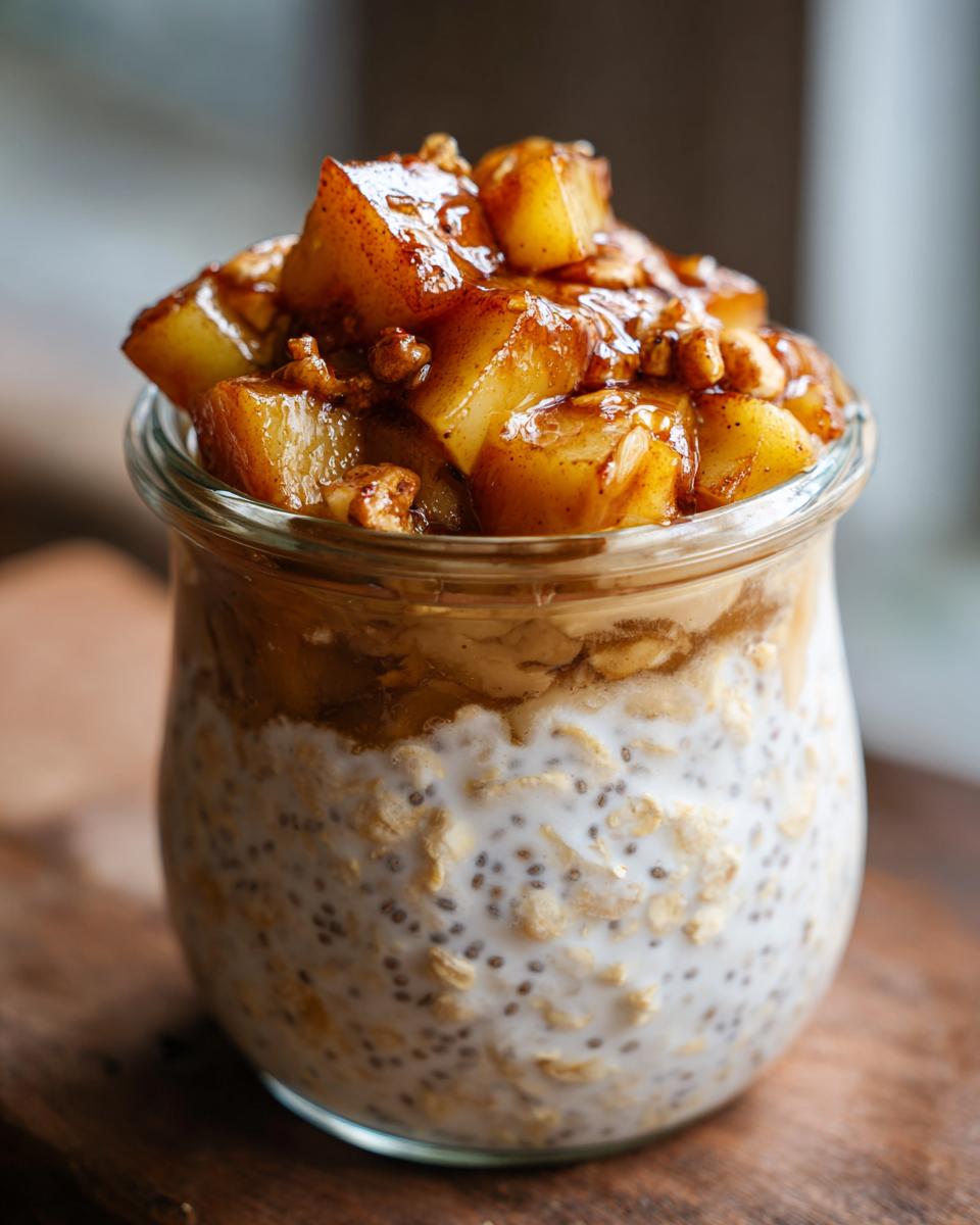 Close-up of Vanilla Overnight Oats topped with glistening maple spiced pears and walnuts in a glass jar.