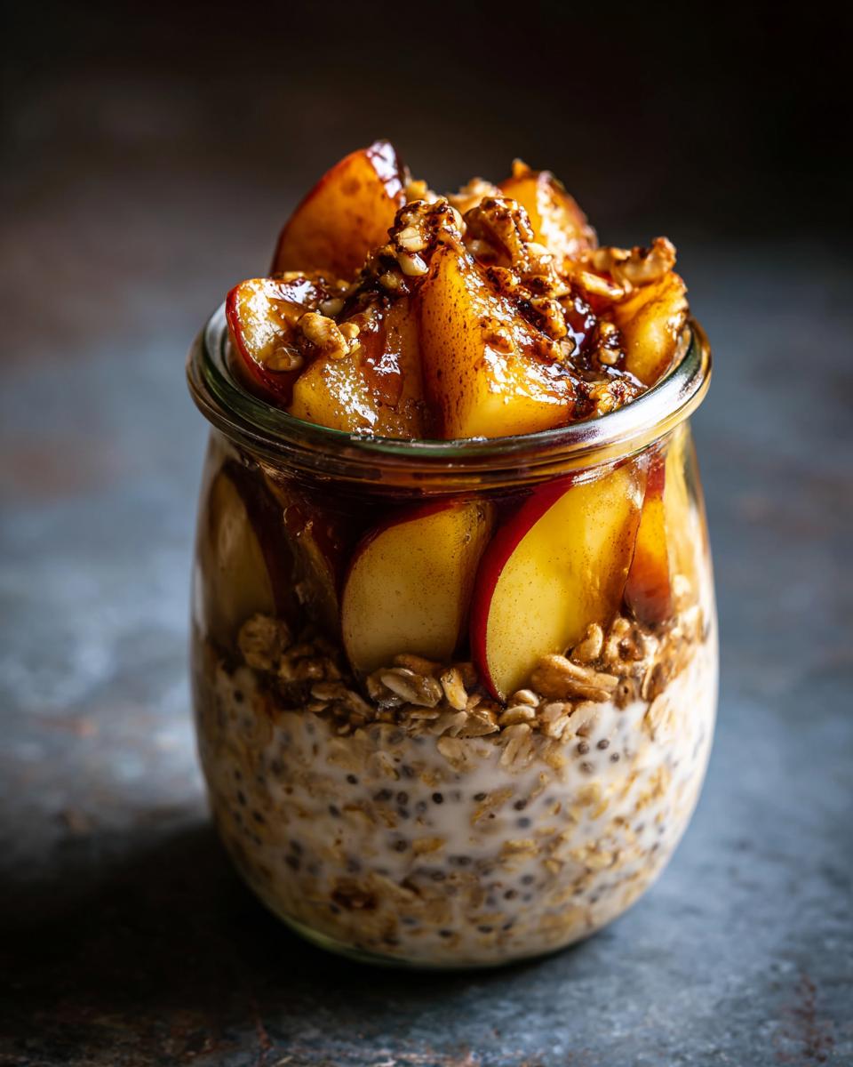 Close-up of Vanilla Overnight Oats topped with Maple Spiced Pears and walnuts in a glass jar.