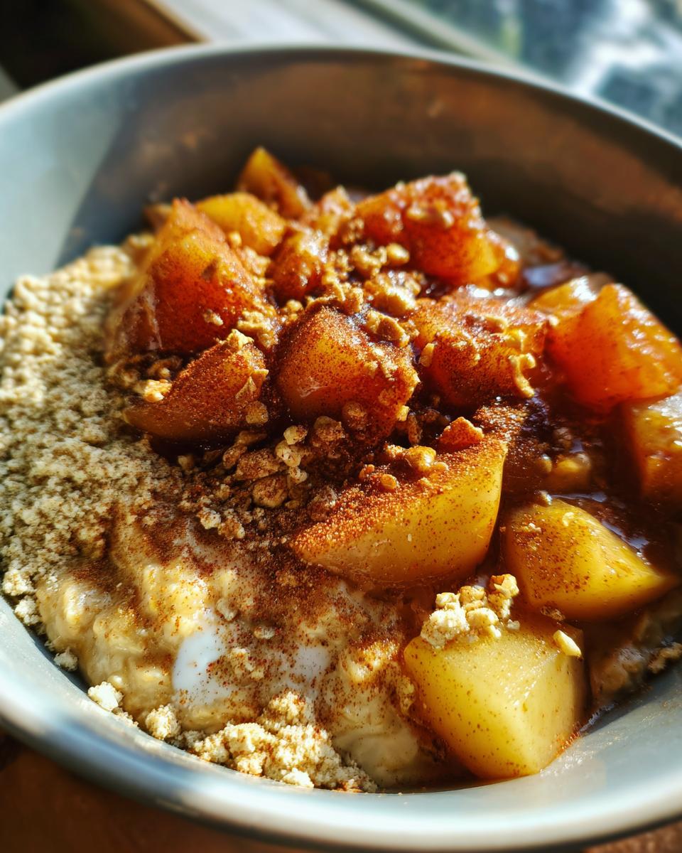 Close-up of Vanilla Overnight Oats topped with Maple Spiced Pears and a sprinkle of crumble.