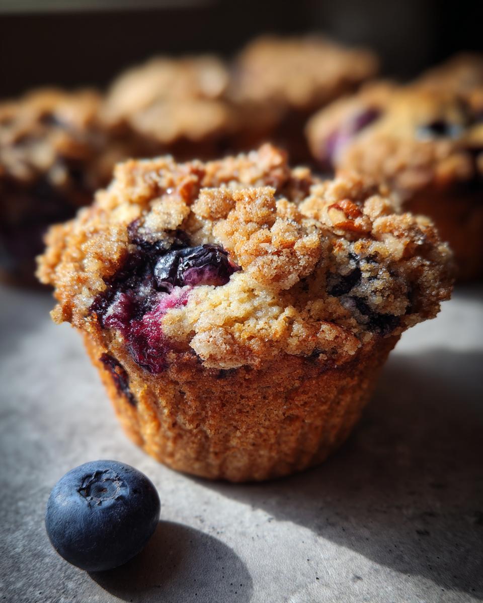 Close-up of a Vegan Banana Blueberry Pecan Crumble Muffin with a single blueberry in the foreground.
