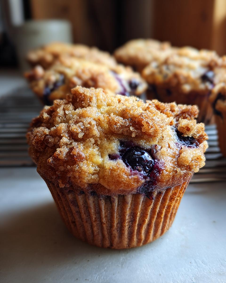 Close-up of a delicious Vegan Banana Blueberry Pecan Crumble Muffin with visible blueberries and pecan crumble topping.