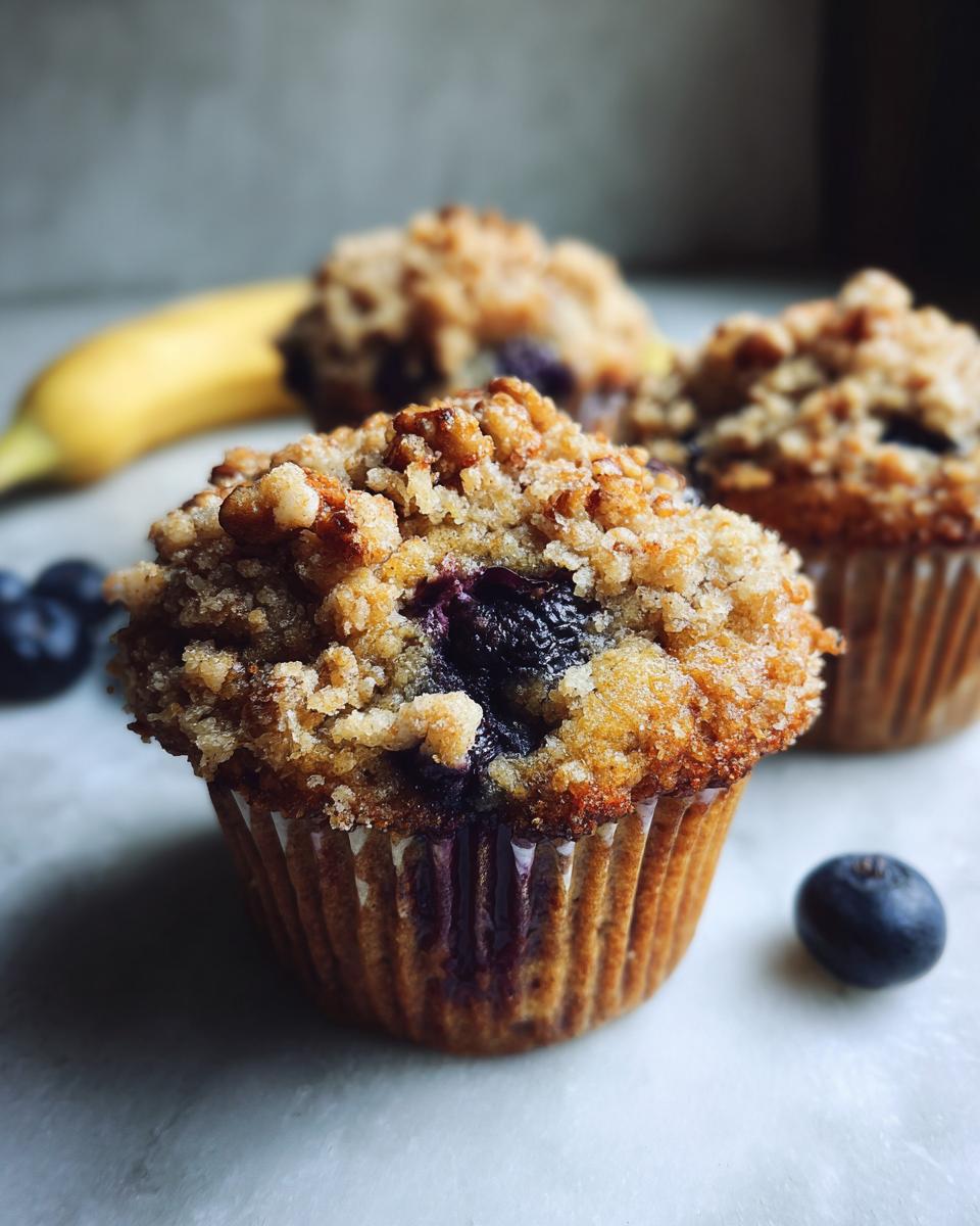 Close-up of a vegan banana blueberry pecan crumble muffin, showcasing the blueberry filling and crumb topping.