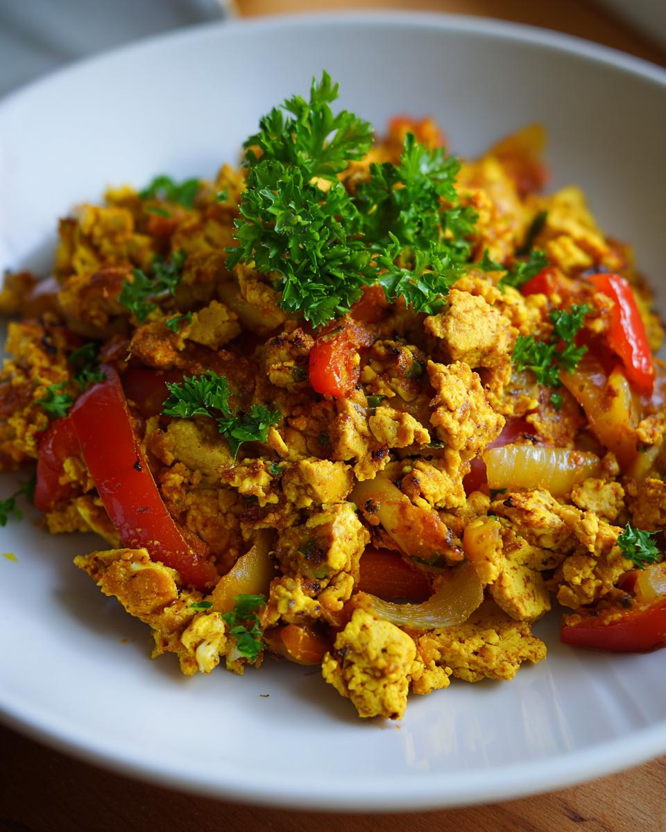Close-up of Vegan Breakfast Eggs Potatoes scramble with red bell peppers and parsley garnish.